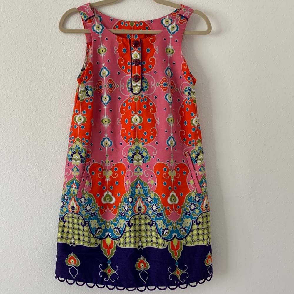 Maeve Pink & Orange Printed Sleeveless Shift Dress with Purple Border